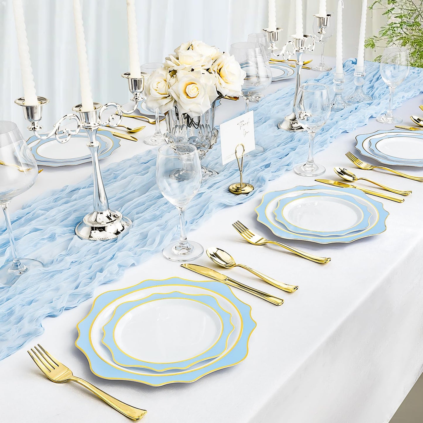 Goodluck 100PCS Disposable Scalloped White with Blue Rim Plastic Plates for 50 Guests