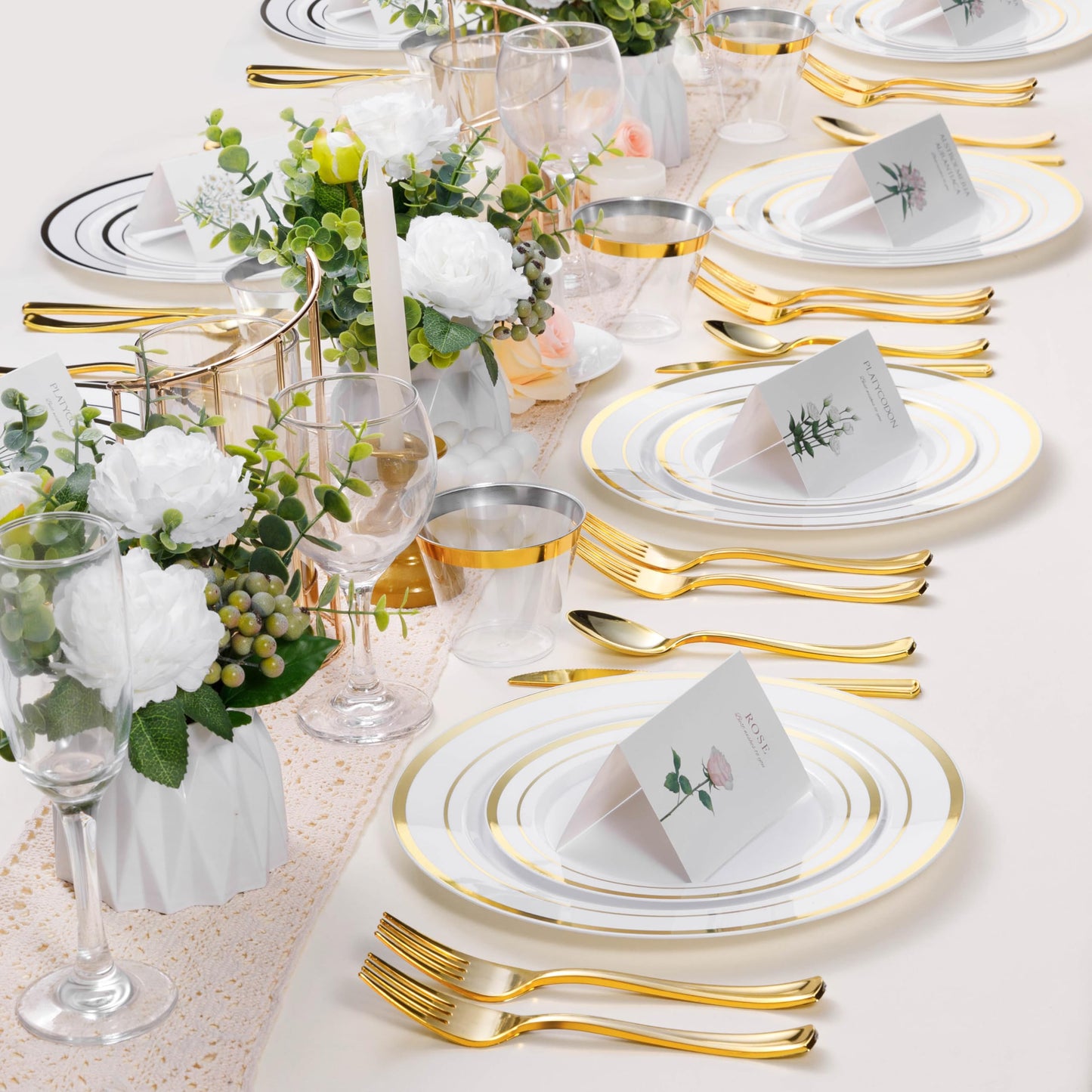 Goodluck 10.25 Inch White with Double Gold Rim Plastic Plates for Party