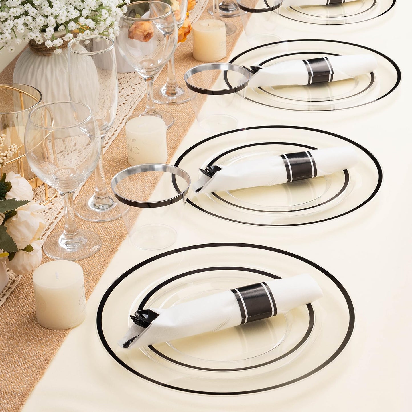 Goodluck Disposable Clear with Black Rim Plastic Dinnerware Set