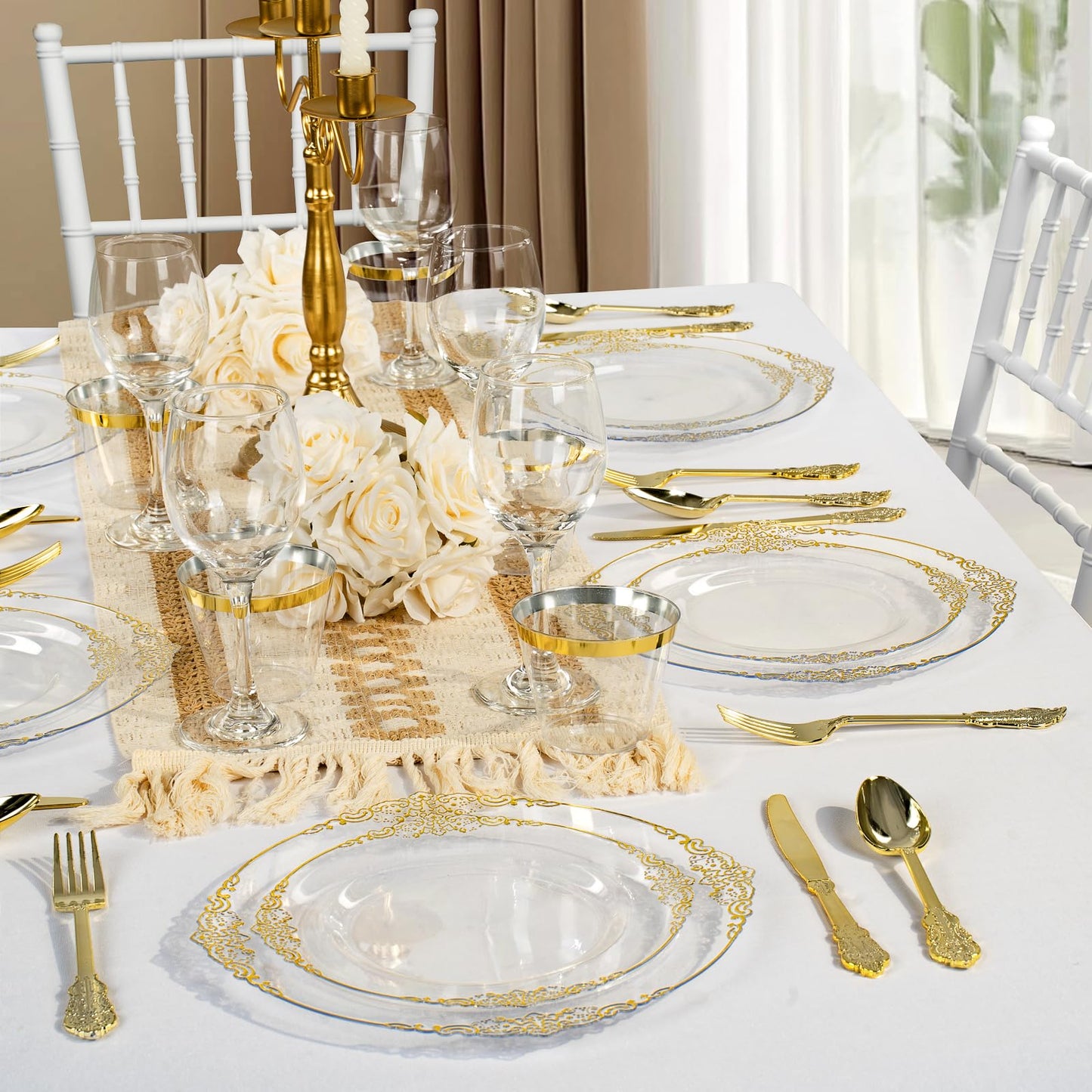 Goodluck 350PCS Disposable Clear with Gold Rim Plastic Dinnerware Sets for 50 Guests