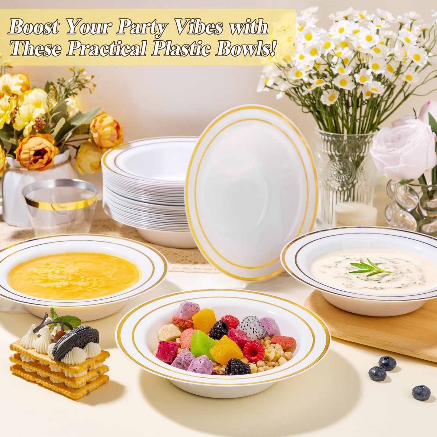 Goodluck 12-Ounce Disposable Soup Bowls with Gold Rims for Parties