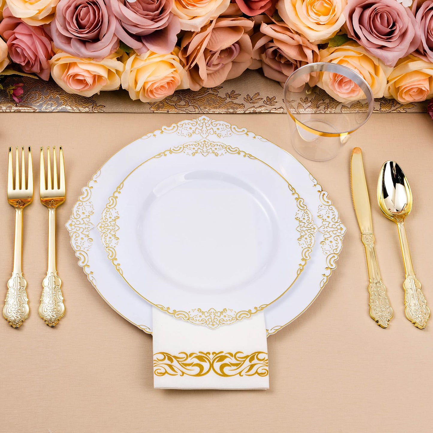 Goodluck 350PCS Disposable White with Gold Rim Plastic Dinnerware Set for 50 Guests