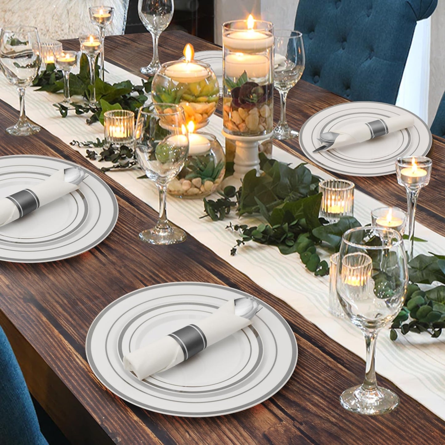 Goodluck White with Double Silver Rim Pre-Rolled Napkins Plastic Dinnerware Set