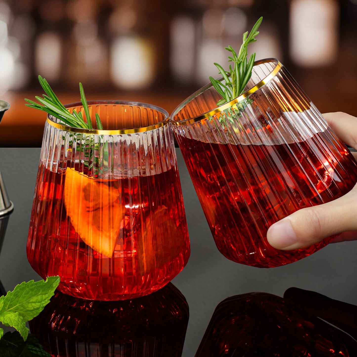 Goodluck 36 Pcs 12 oz Plastic Glasses Clear with Gold Rim Ribbed Wine Glasses for Champagne and Whiskey