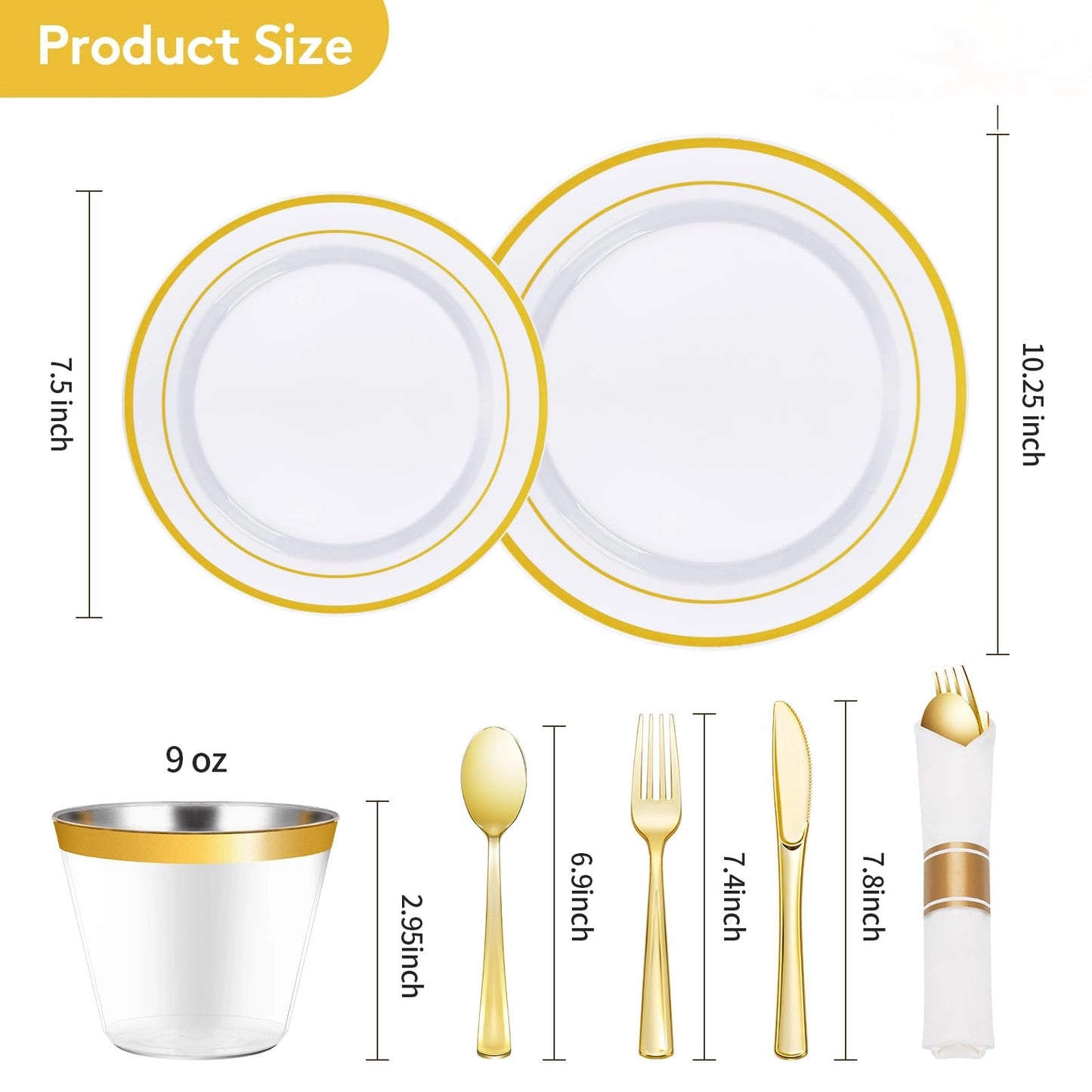 Goodluck Disposable White with Double Gold Rim Pre-Rolled Napkins Plastic Dinnerware Set