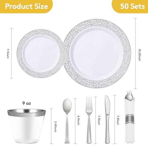 Disposable Embossed Patterns Plastic Dinnerware Set with Pre-rolled Napkins for Birthday, New Year, Party, Wedding