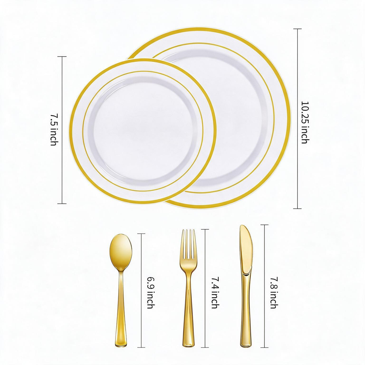 Disposable Plastic Plates for Parties and Weddings, Includes: Dinner Plates, Dessert Plates, and Sets of Gold Cutlery.