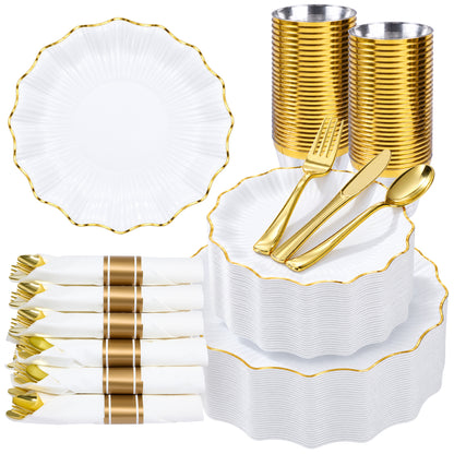Exquisite Lotus-shaped Dinnerware Set with Gold Trim