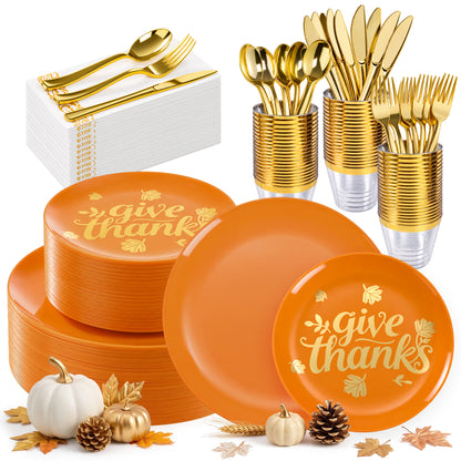 Elegant Orange Round Gold Rim Dinnerware Set
