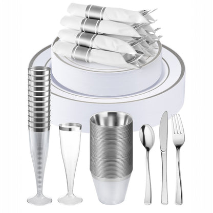 Goodluck Disposable Silver Plastic Dinnerware Set for Christmas, Wedding, Includes Dinner Plates, Dessert Plates,  Napkins with Silverware, Cups, Champagne Glasses