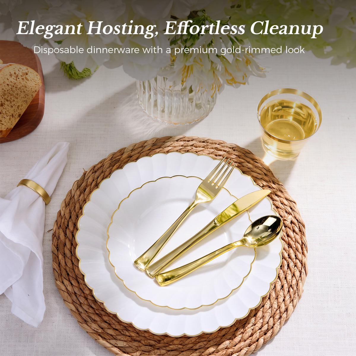 Scalloped Shape with Gold Rim Fancy Dinnerware Set for Elegant for Weddings, Birthdays & Holidays