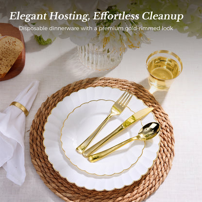Scalloped Shape with Gold Rim Fancy Dinnerware Set for Elegant for Weddings, Birthdays & Holidays