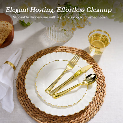 Scalloped Shape with Gold Rim Fancy Dinnerware Set for Elegant for Weddings, Birthdays & Holidays