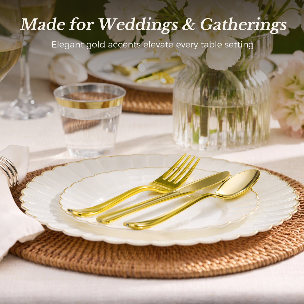 Scalloped Shape with Gold Rim Fancy Dinnerware Set for Elegant for Weddings, Birthdays & Holidays