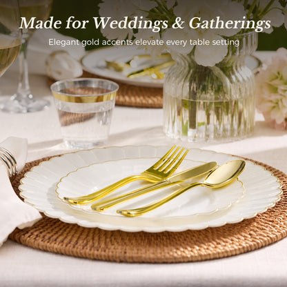 Scalloped Shape with Gold Rim Fancy Dinnerware Set for Elegant for Weddings, Birthdays & Holidays