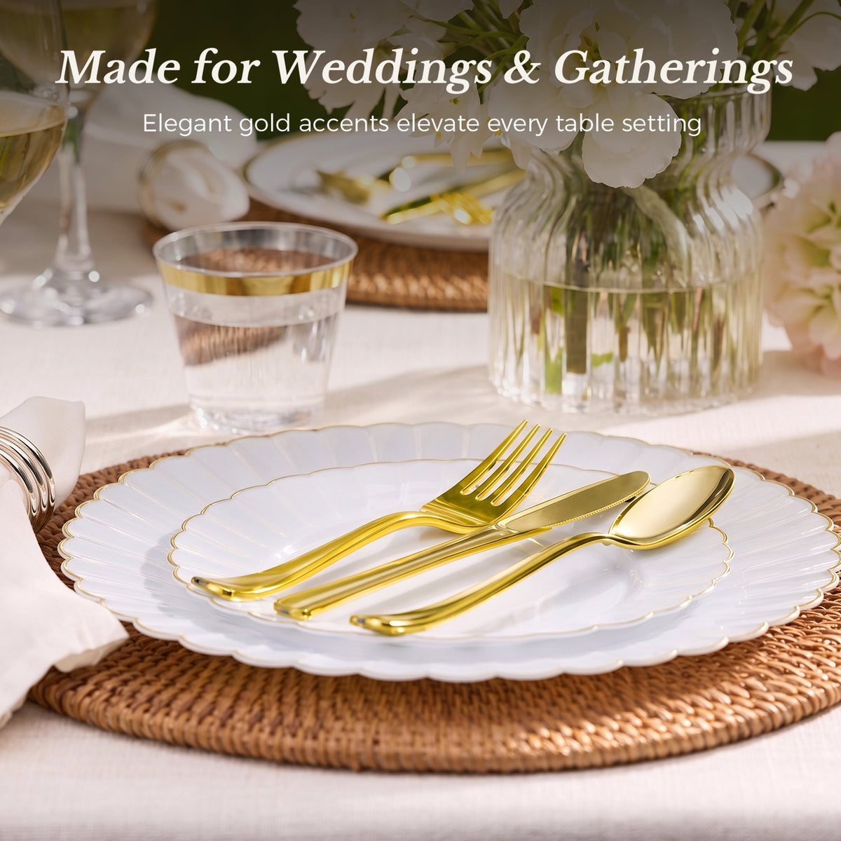 Scalloped Shape with Gold Rim Fancy Dinnerware Set for Elegant for Weddings, Birthdays & Holidays