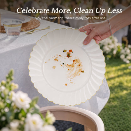 Scalloped Shape with Gold Rim Fancy Dinnerware Set for Elegant for Weddings, Birthdays & Holidays