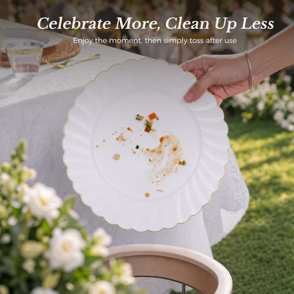 Scalloped Shape with Gold Rim Fancy Dinnerware Set for Elegant for Weddings, Birthdays & Holidays