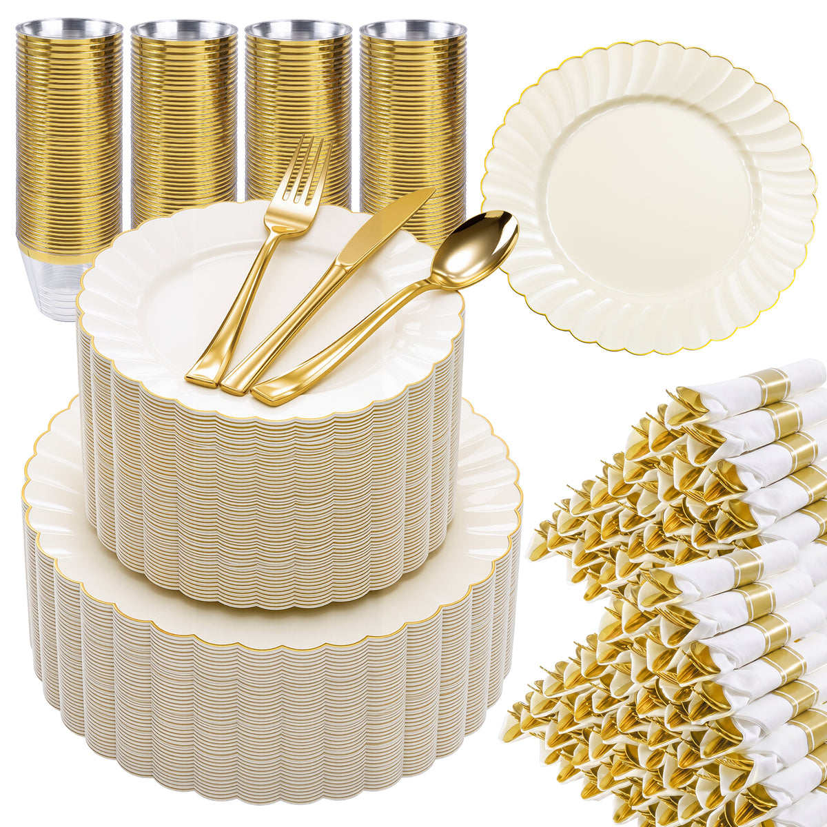 Scalloped Shape with Gold Rim Fancy Dinnerware Set for Elegant for Weddings, Birthdays & Holidays