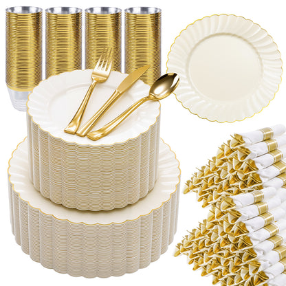 Scalloped Shape with Gold Rim Fancy Dinnerware Set for Elegant for Weddings, Birthdays & Holidays