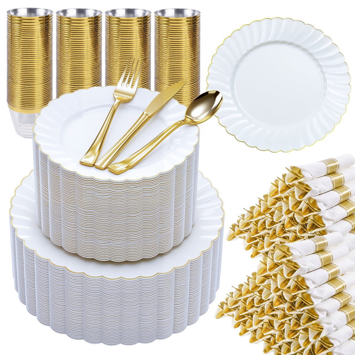 Scalloped Shape with Gold Rim Fancy Dinnerware Set for Elegant for Weddings, Birthdays & Holidays