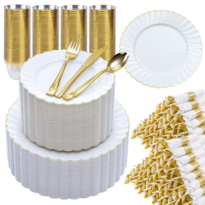 Scalloped Shape with Gold Rim Fancy Dinnerware Set for Elegant for Weddings, Birthdays & Holidays