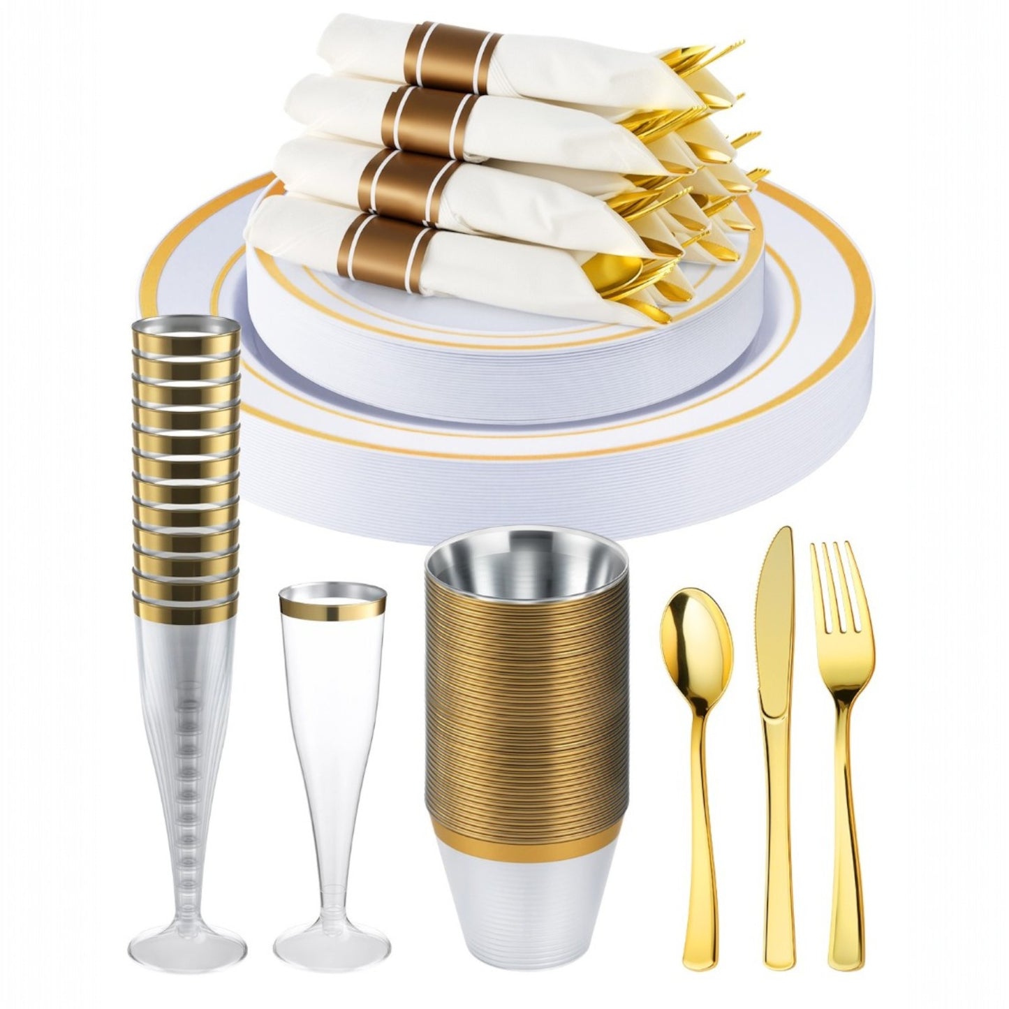 Goodluck Disposable Gold Plastic Dinnerware Set for Christmas, Wedding, Includes Dinner Plates, Dessert Plates, Napkins with Silverware,  Cups, Champagne Glasses
