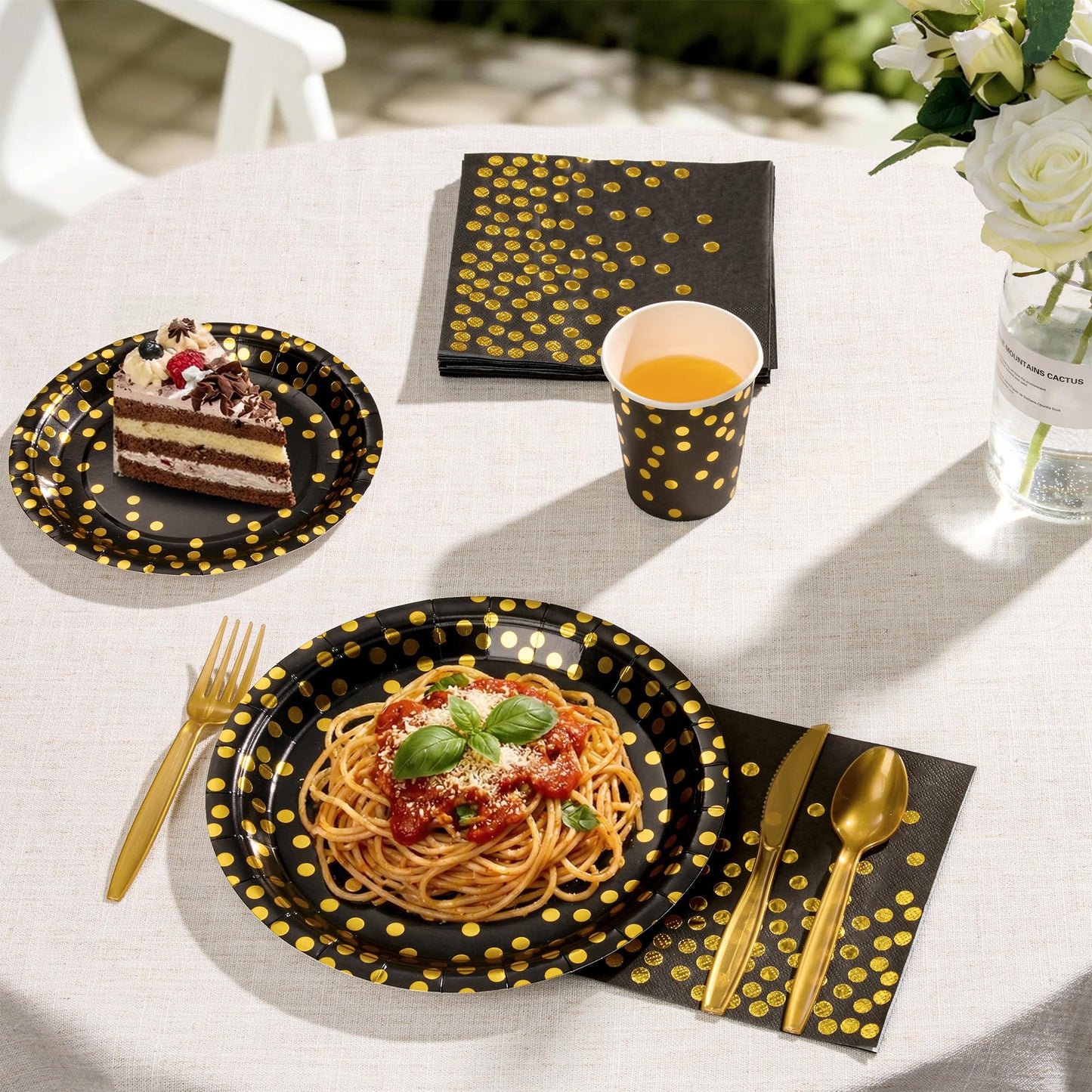 Gold Foil Polka Dot Disposable Party Paper Tableware Set for Birthday, Baby Shower, and Wedding