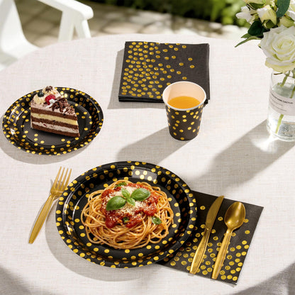 Gold Foil Polka Dot Disposable Party Paper Tableware Set for Birthday, Baby Shower, and Wedding