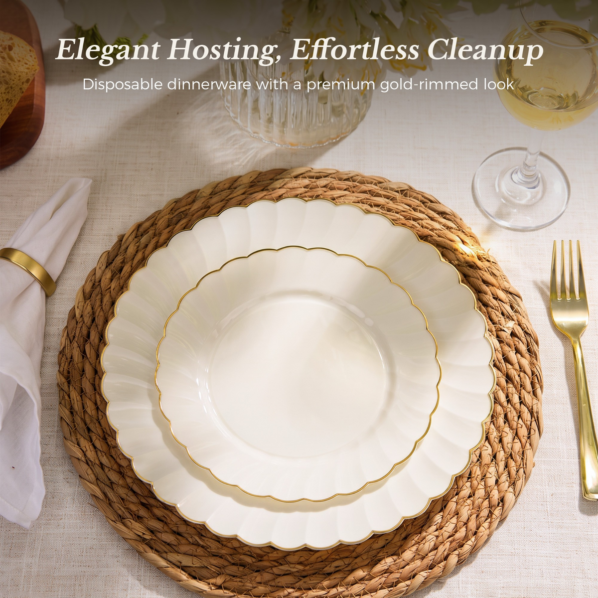 Beautiful Scalloped Gold Rim Plastic Plate Sets