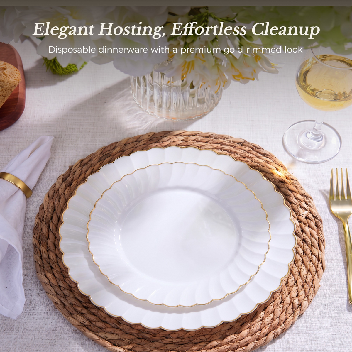 Beautiful Scalloped Gold Rim Plastic Plate Sets