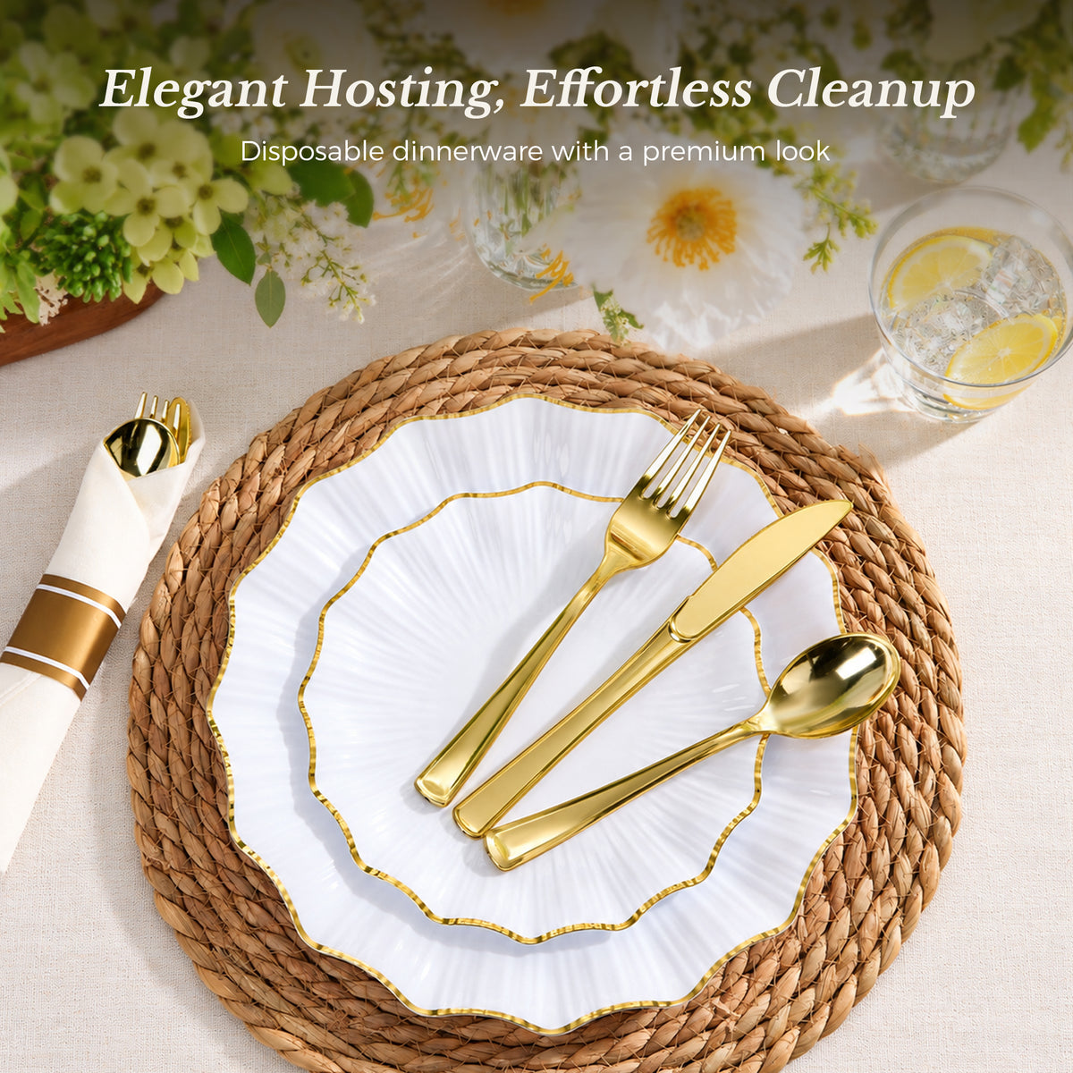 Exquisite Lotus-shaped Dinnerware Set with Gold Trim