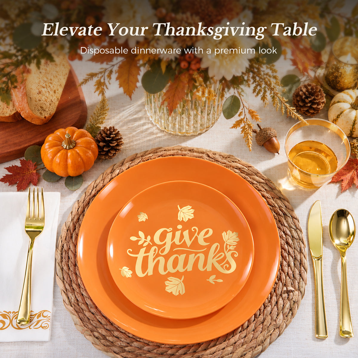 Elegant Orange Round Gold Rim Dinnerware Set