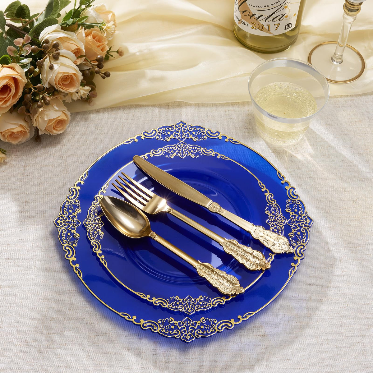 Heavy Duty Elegant Vintage Plastic Plates with Cutlery Set for Wedding, Bridal Shower, Anniversary