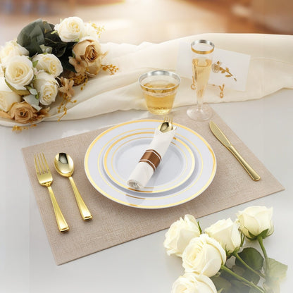 Goodluck Disposable Gold Plastic Dinnerware Set for Christmas, Wedding, Includes Dinner Plates, Dessert Plates, Napkins with Silverware,  Cups, Champagne Glasses