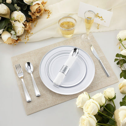 Goodluck Disposable Silver Plastic Dinnerware Set for Christmas, Wedding, Includes Dinner Plates, Dessert Plates,  Napkins with Silverware, Cups, Champagne Glasses