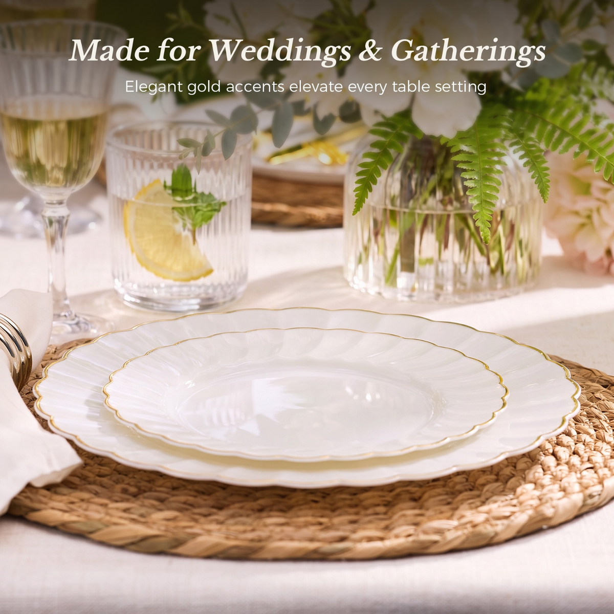 Beautiful Scalloped Gold Rim Plastic Plate Sets