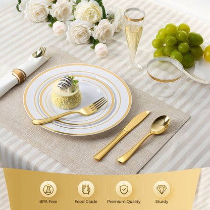 Goodluck Disposable Gold Plastic Dinnerware Set for Christmas, Wedding, Includes Dinner Plates, Dessert Plates, Napkins with Silverware,  Cups, Champagne Glasses
