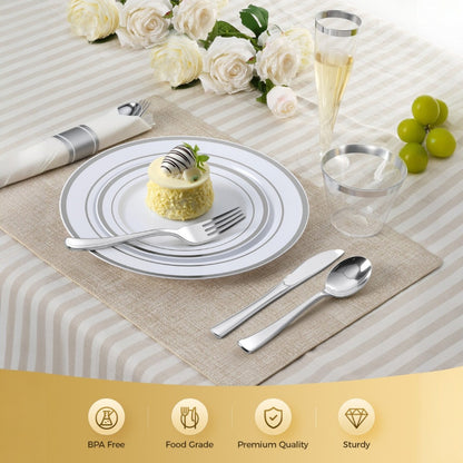 Goodluck Disposable Silver Plastic Dinnerware Set for Christmas, Wedding, Includes Dinner Plates, Dessert Plates,  Napkins with Silverware, Cups, Champagne Glasses