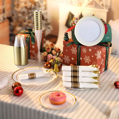 Goodluck Disposable Gold Plastic Dinnerware Set for Christmas, Wedding, Includes Dinner Plates, Dessert Plates, Napkins with Silverware,  Cups, Champagne Glasses