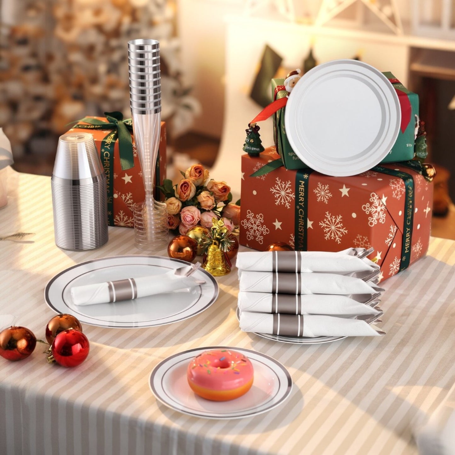 Goodluck Disposable Silver Plastic Dinnerware Set for Christmas, Wedding, Includes Dinner Plates, Dessert Plates,  Napkins with Silverware, Cups, Champagne Glasses