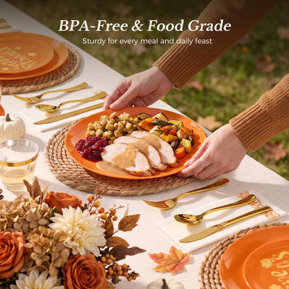 Elegant Orange Round Gold Rim Dinnerware Set