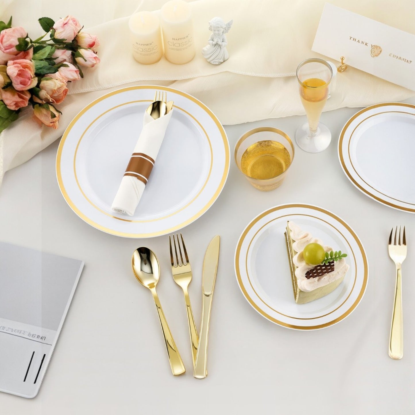 Goodluck Disposable Gold Plastic Dinnerware Set for Christmas, Wedding, Includes Dinner Plates, Dessert Plates, Napkins with Silverware,  Cups, Champagne Glasses