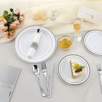 Goodluck Disposable Silver Plastic Dinnerware Set for Christmas, Wedding, Includes Dinner Plates, Dessert Plates,  Napkins with Silverware, Cups, Champagne Glasses