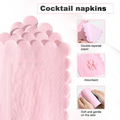 100-Pack 2-Ply 5 x 5 Inches Scalloped Disposable Napkins for Wedding, Birthday, Valentine's Day, and Baby Christening Party Decorations