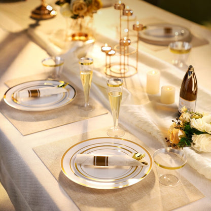 Goodluck Disposable Gold Plastic Dinnerware Set for Christmas, Wedding, Includes Dinner Plates, Dessert Plates, Napkins with Silverware,  Cups, Champagne Glasses