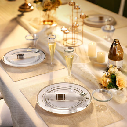 Goodluck Disposable Silver Plastic Dinnerware Set for Christmas, Wedding, Includes Dinner Plates, Dessert Plates,  Napkins with Silverware, Cups, Champagne Glasses
