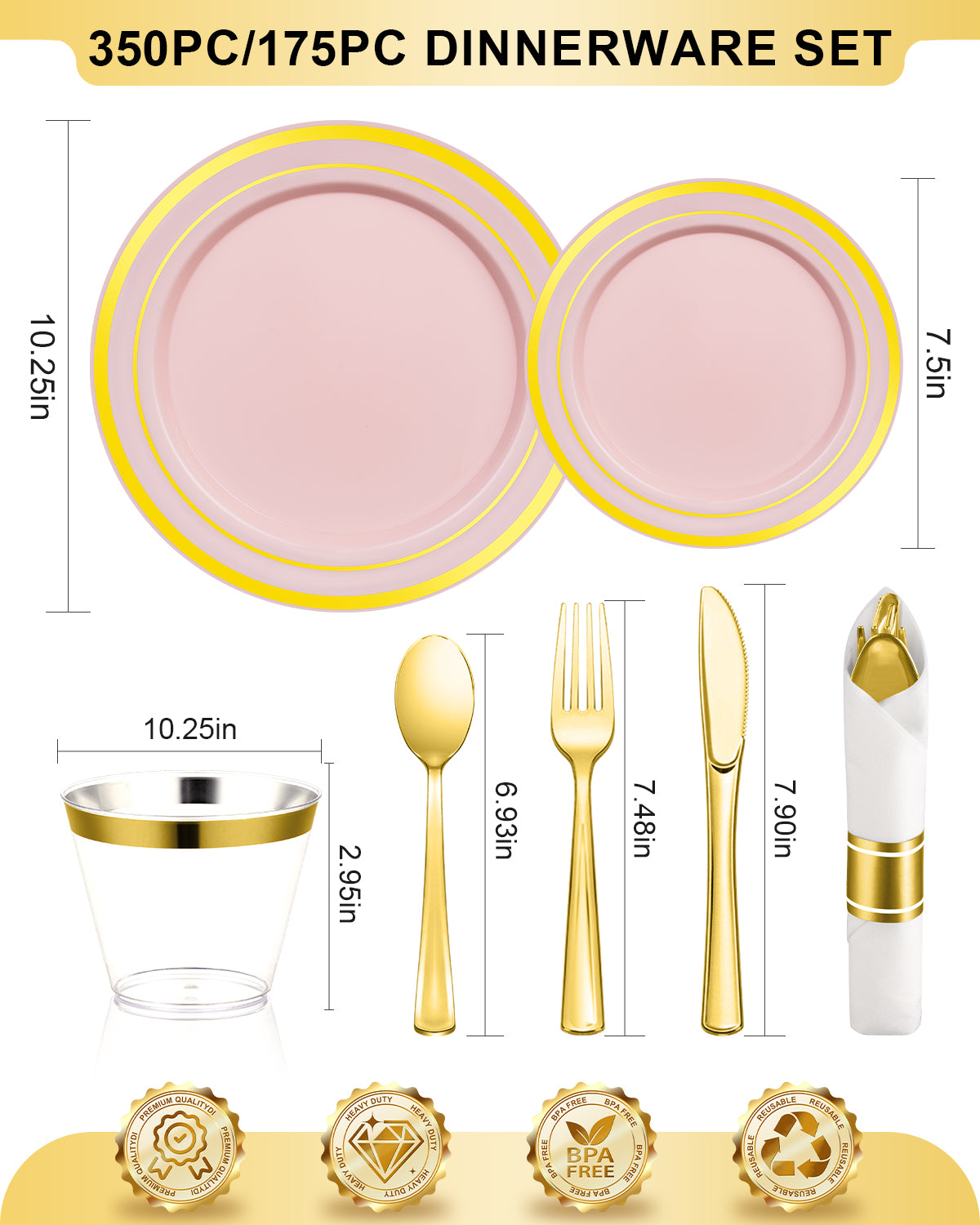Goodluck Disposable Pink with Gold Rims Plastic Dinnerware Set for Wedding, Christmas