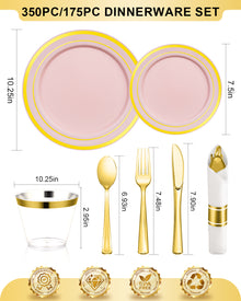 Goodluck Disposable Pink with Gold Rims Plastic Dinnerware Set for Wedding, Christmas