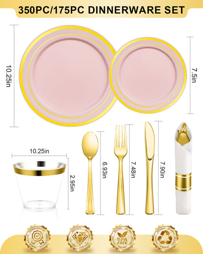Goodluck Disposable Pink with Gold Rims Plastic Dinnerware Set for Wedding, Christmas